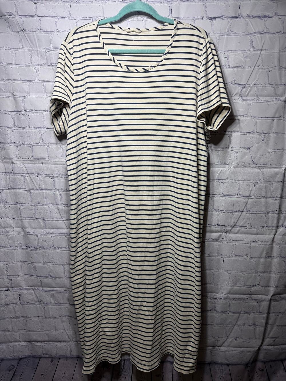 Lands' End Womens Striped Short Sleeve Maxi T-Shirt Dress Cream Navy Sz 2X